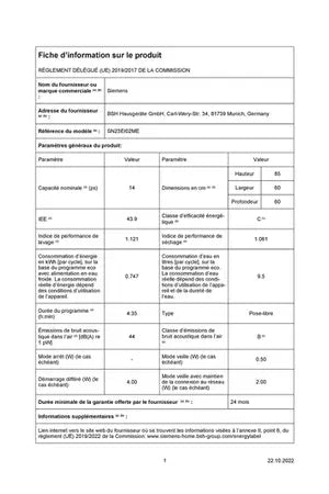 Lave-vaisselle Siemens SN23EI02ME  pose-libre Siemens