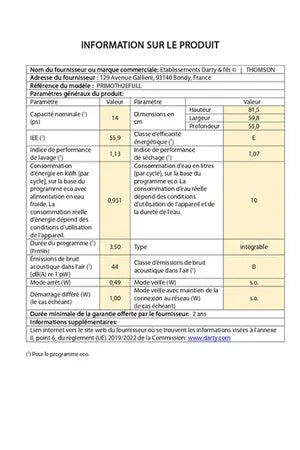 Lave-vaisselle Thomson PRIMOTH2EFULL - encastrable 60cm Thomson