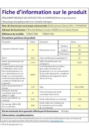 Lave-vaisselle Thomson TDW4714WH Thomson