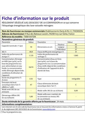 Lave-vaisselle Thomson TWBI1047DIX - ENCASTRABLE 45 CM Thomson