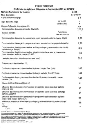Sèche-linge Beko DHP73W Beko