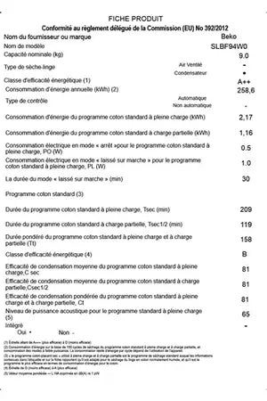 Sèche-linge Beko SLBF94W0 Beko