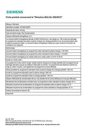 Sèche-linge Siemens WT45HV02FF Siemens